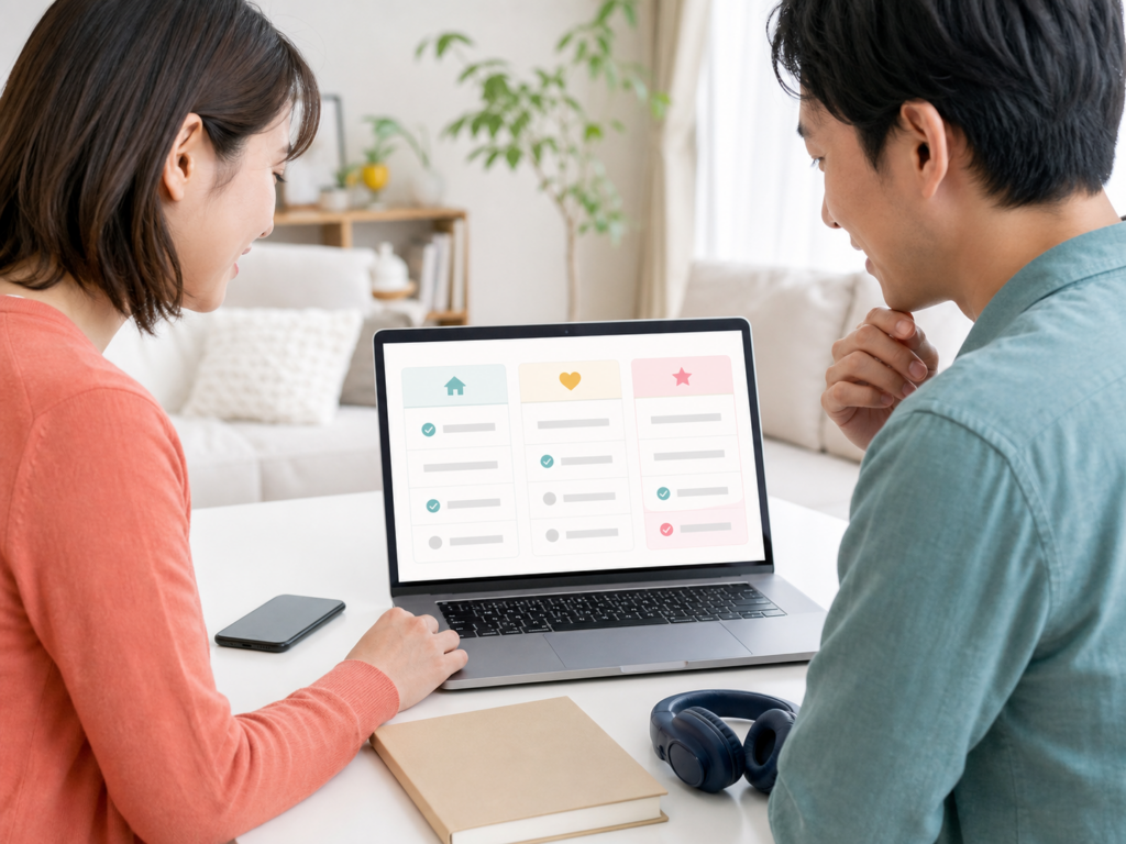 ノートパソコンでサービスを比較し、自分に合う選択肢を探す二人